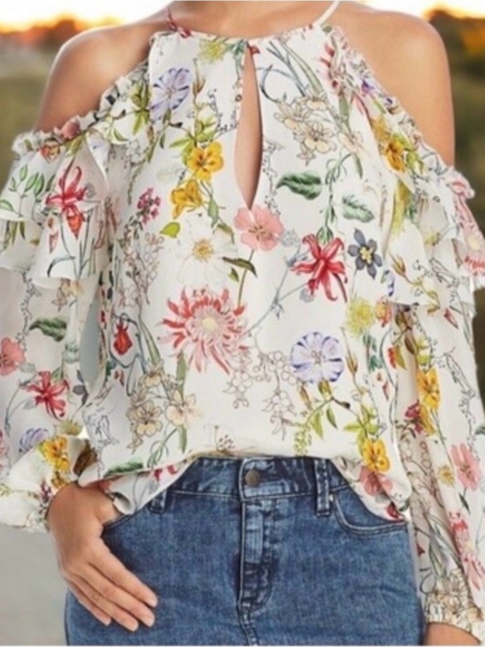 Parker White silk Floral Cold-Shoulder Blouse Sz M EUC